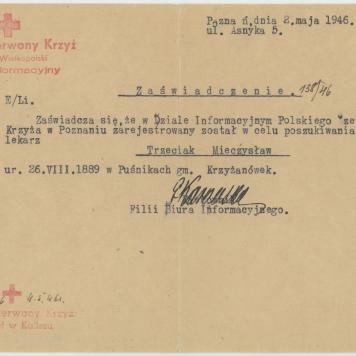 Zaświadczenie z PCK o rejestracji Mieczysława Trzeciaka jako poszukiwanego
