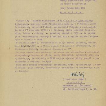 Pismo W. Kelma do Urzędu Pełnomocnika Rządu PRL ds. repatriacji