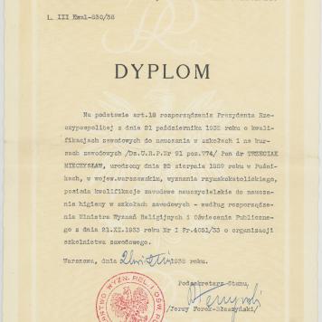 Dyplom kwalifikacji zawodowej dla Mieczysława Trzeciaka