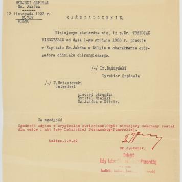 Zaświadczenie o pracy Mieczysława Trzeciaka w Szpitalu św. Jakuba w Wilnie
