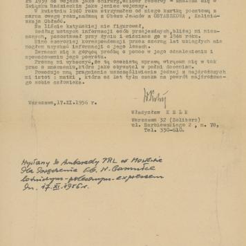 Pismo W. Kelma do Ambasady PRL w Moskwie dot. Mieczysława Trzeciaka