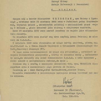 Pismo W. Kelma do PCK ws. Mieczysława Trzeciaka