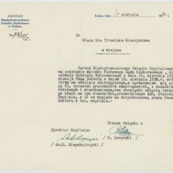 Nominacja Mieczysława Trzeciaka na stanowisko ordynatora na oddz. chirurgicznym szpitala w Kaliszu