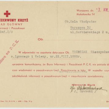 Pismo PCK do W. Kelma o braku informacji dot. Mieczysława Trzeciaka