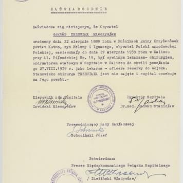 Zaświadczenie o pracy Mieczysława Trzeciaka w Szpitalu w Kaliszu