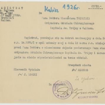 Nominacja Mieczysława Trzeciaka na stanowisko ordynatora na oddz. chirurgicznym Szpitala św. Trójcy w Kaliszu