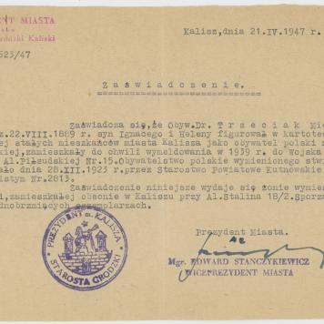 Zaświadczenie o zameldowaniu w Kaliszu Mieczysława Trzeciaka