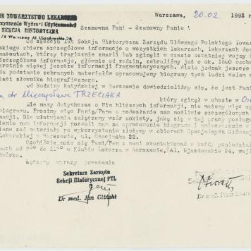 Pismo Polskiego towarzystwa Lekarskiego do córki Mieczysława Trzeciaka