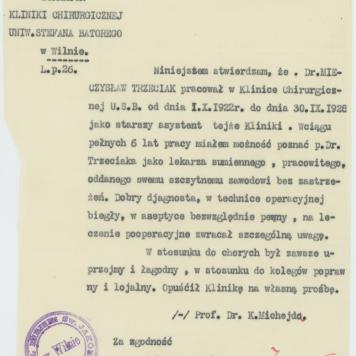 Potwierdzenie pracy Mieczysława Trzeciaka w Klinice Chirurgicznej Uniwersytetu Stefana Batorego