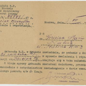 Pismo Ambasady w Moskwie o trybie zwolnienia i repatriacji Mieczysława Trzeciaka