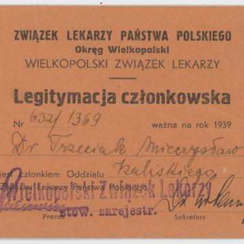 Legitymacja członkowska Związku Lekarzy Państwa Polskiego na nazwisko Mieczysława Trzeciaka