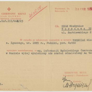 Pismo PCK do W. Kelma o nieodnalezieniu Mieczysława Trzeciaka