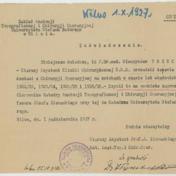 Zaświadczenie o prowadzeniu zajęć ze studentami na Uniwersytecie Stefana Batorego w Wilnie