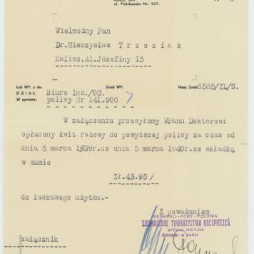 Pismo od Generali-Port-Polonia do Mieczysława Trzeciaka