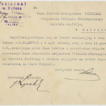Pismo powołujące Mieczysława Trzeciaka na stanowisko ordynatora oddz. chirurgii kaliskiego Szpitala św. Trójcy