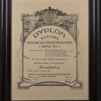 Dyplom Wystawy Rolniczo-Przemysłowej w Kępnie 1923 r.