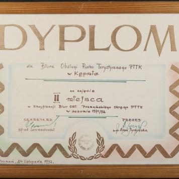 Dyplom dla Biura Obsługi Ruchu Turystycznego PTTK w Kępnie