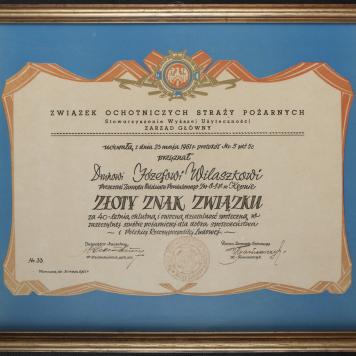 Dyplom za otrzymanie Złotego Znaku Związku OSP dla Józefa Wilaszka