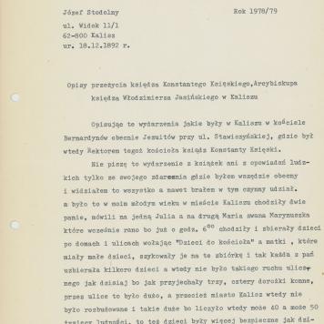 Opisy przeżycia księdza Konstantego Księskiego, Arcybiskupa  księdza Włodzimierza Jasińskiego w Kaliszu