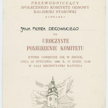 Zaproszenie na posiedzenie Komitetu Odnowy Kaliskiej Starówki dla Jana Piotra Dekowskiego