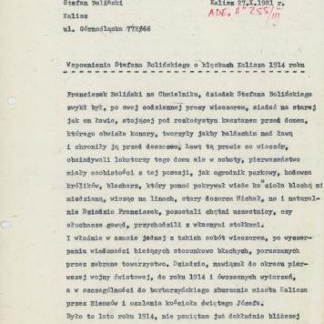 Wspomnienia Stefana Bolińskiego o klęskach Kalisza 1914 roku
