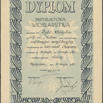 Dyplom Instruktora Wioślarstwa dla ob[ywatela] Władysława Żyto
