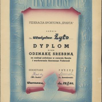 Dyplom, Federacja Sportowa „Sparta” dla ob. Władysława Żyto